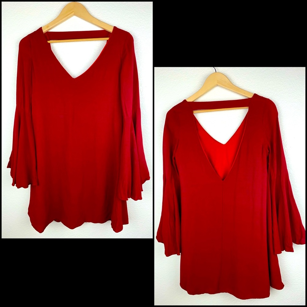 Lulu’s Red Rust Bell Sleeve Flare Mini Dress - Picture 5 of 12